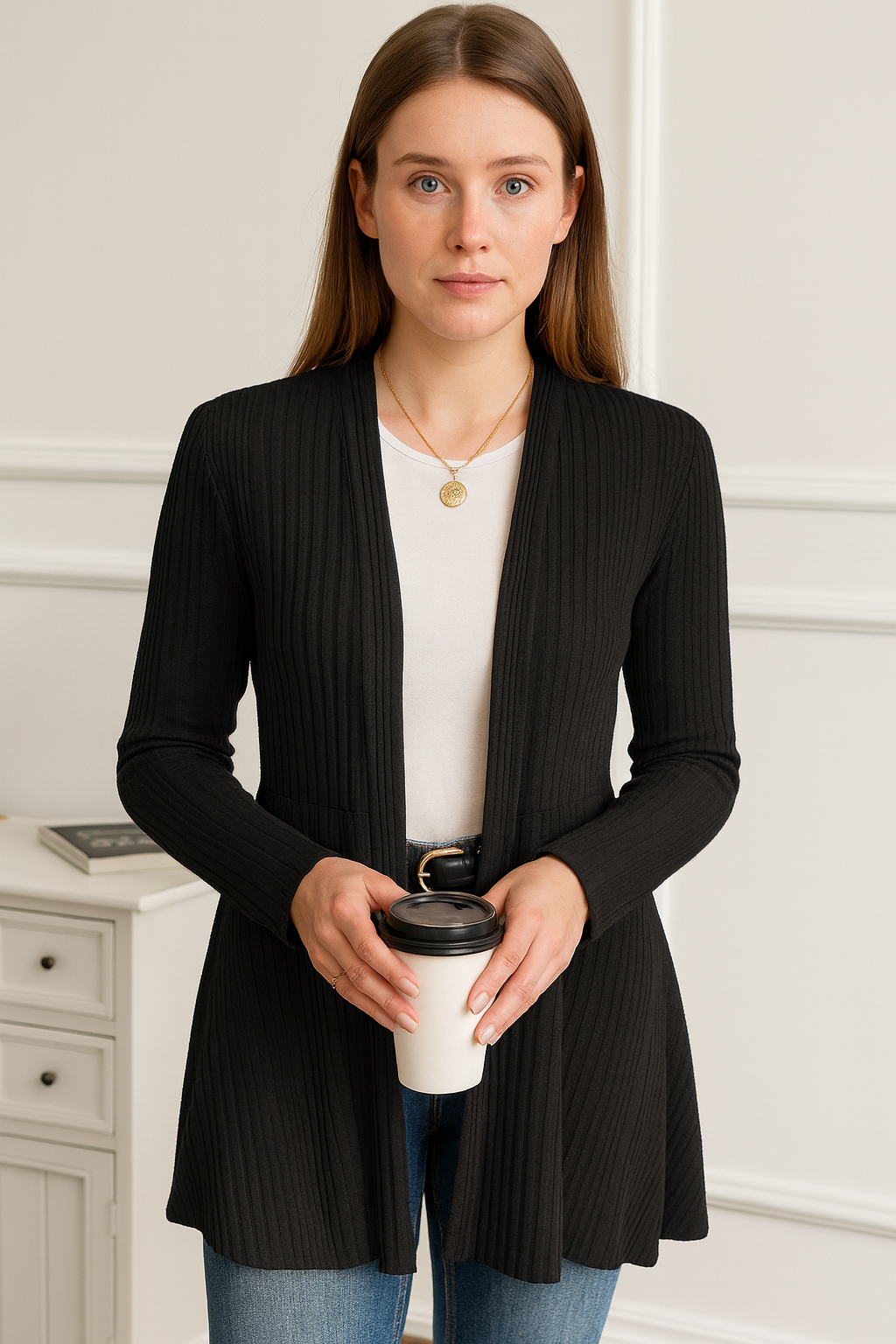 Women’s Ribbed Longline Cardigan – Elegant Solid Colour Open Front